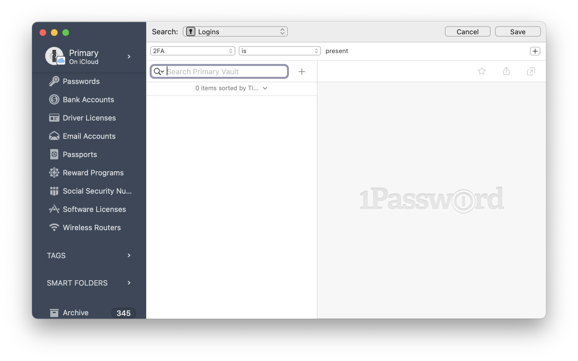 Find logins with 2FA aneabled in 1Password