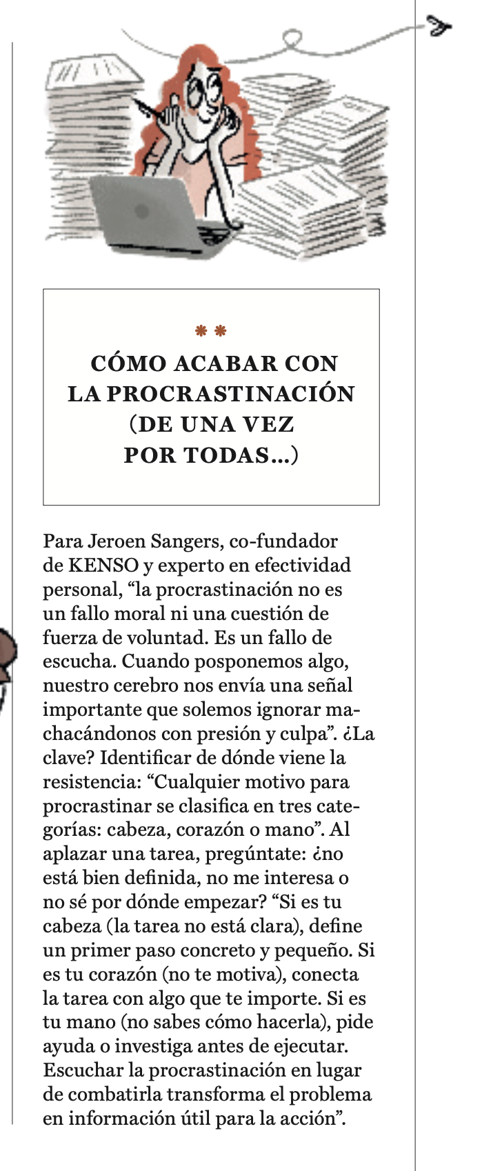 A person wearing glasses and a red sweater is sitting atop a clock, surrounded by a text discussing how to overcome procrastination.