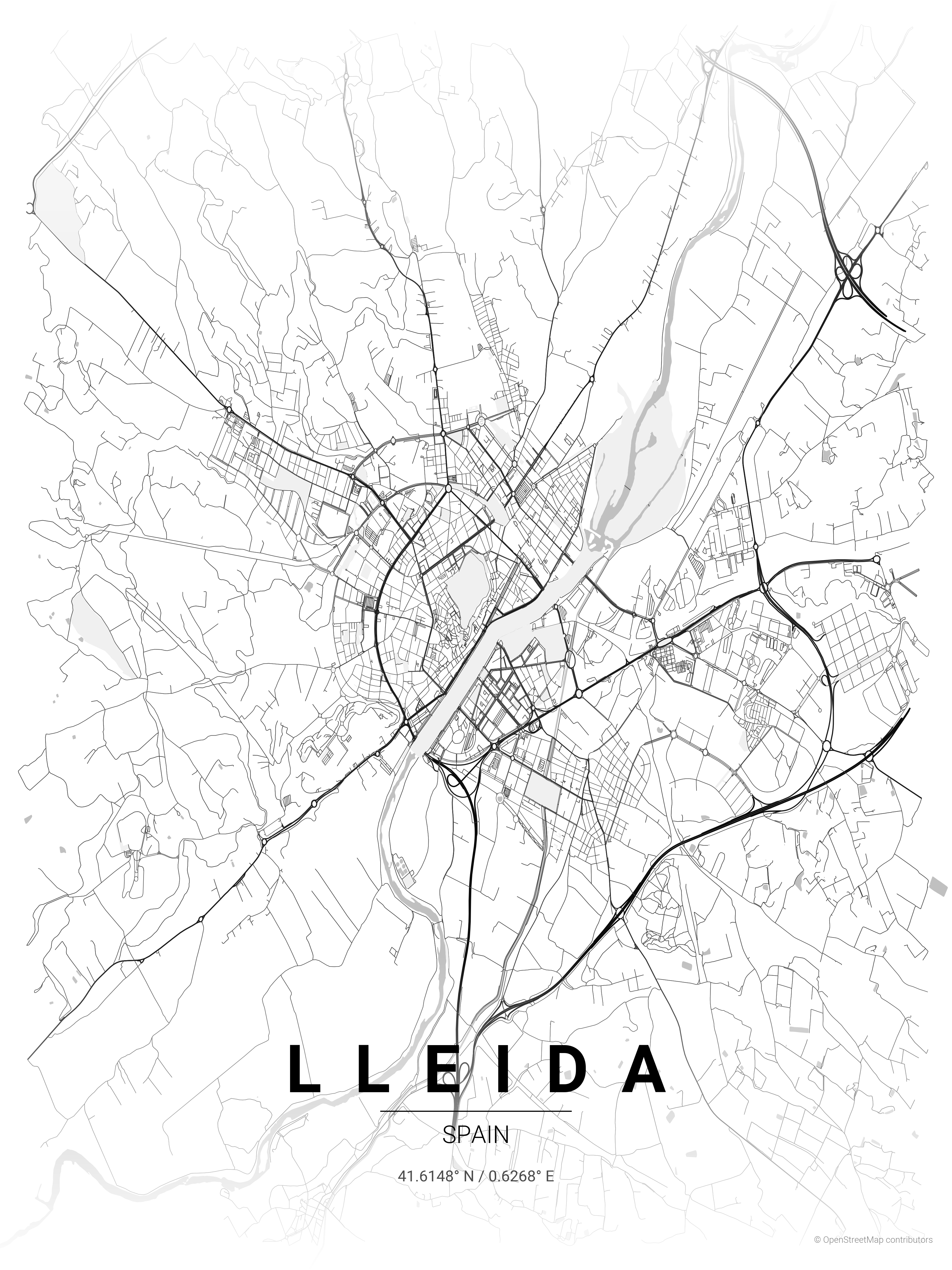 A detailed black and white street map of Lleida, Spain, showcasing its roads and geographical layout.